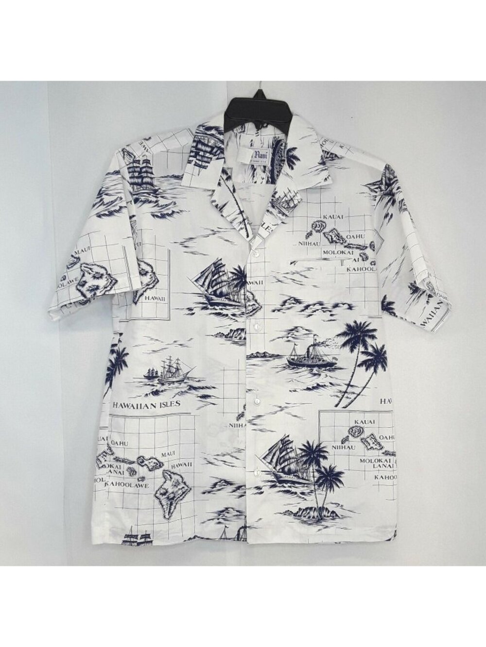 Vintage Kai Nani Hawaiian Island Print Shirt Mens Medium Blue White USA
